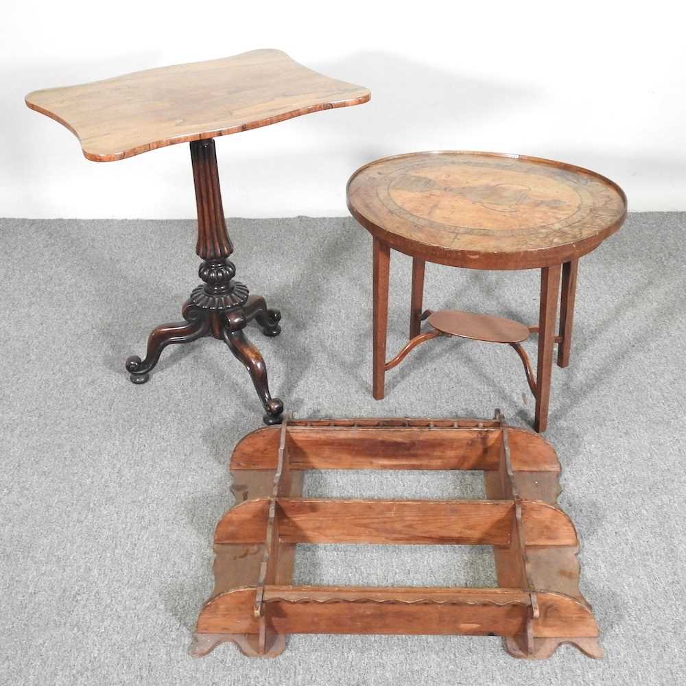 A Victorian tripod table, together with a marquetry occasional table and a three tier wall shelf (