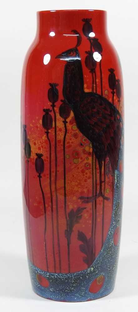 A Royal Doulton sung vase, of slender form, decorated with a Peacock by Arthur Eaton and Charles - Image 2 of 8