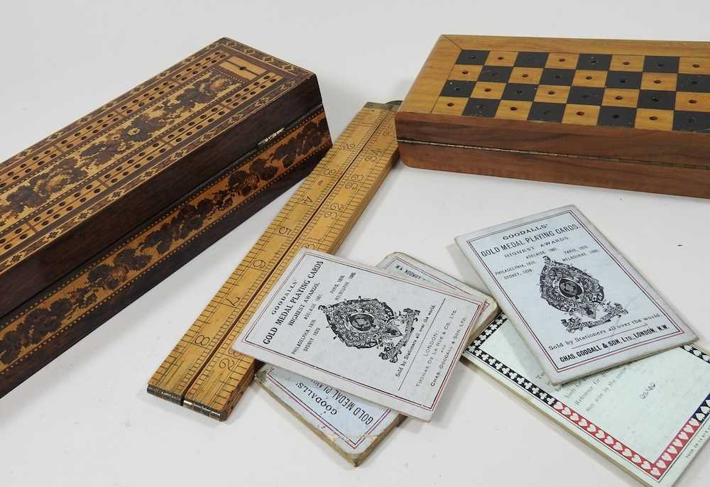A 19th century Tunbridgeware games box, 26cm wide, together with an early 20th century walnut and - Image 7 of 7