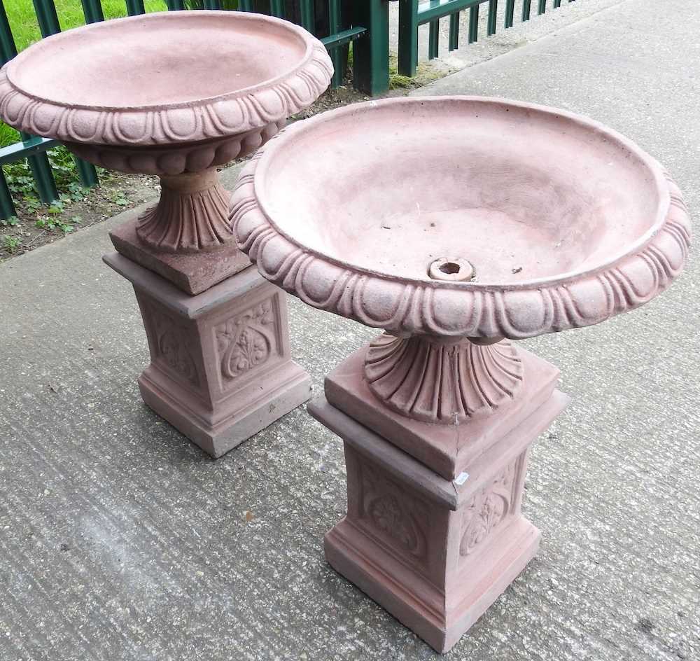 A pair of terracotta style garden urns, on stands, 83cm high (2) 62cm wide - Image 2 of 4