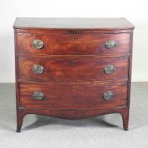 A 19th century mahogany bow front chest, containing three long drawers, on swept bracket feet 93w