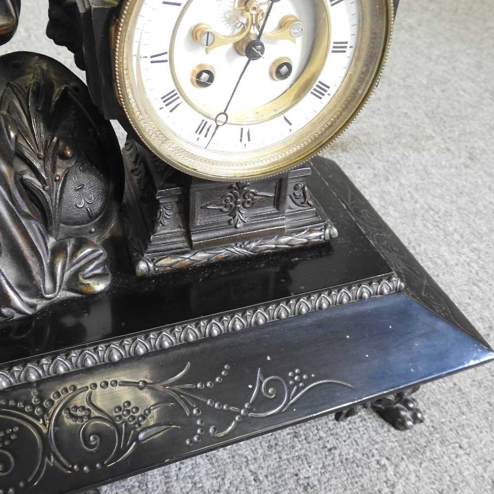 A 19th century gilt spelter figural mantel clock, surmounted by a figure of Hermes, with a white - Image 5 of 9