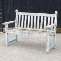 A blue painted slatted wooden garden bench, 127cm wide
