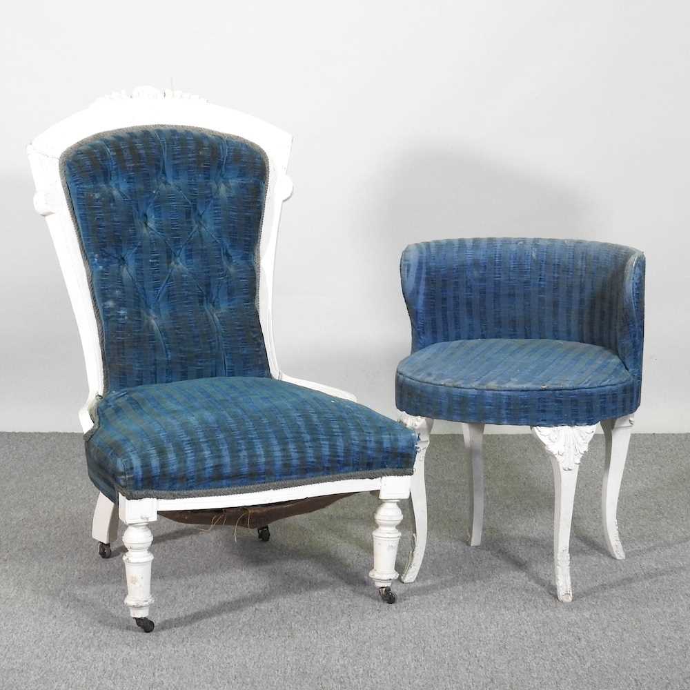 A Victorian painted and blue upholstered side chair, together with another and a stool (3)