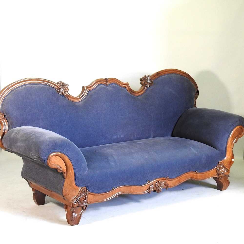 A large 19th century continental blue upholstered show frame sofa 228w x 79d x 106h cm
