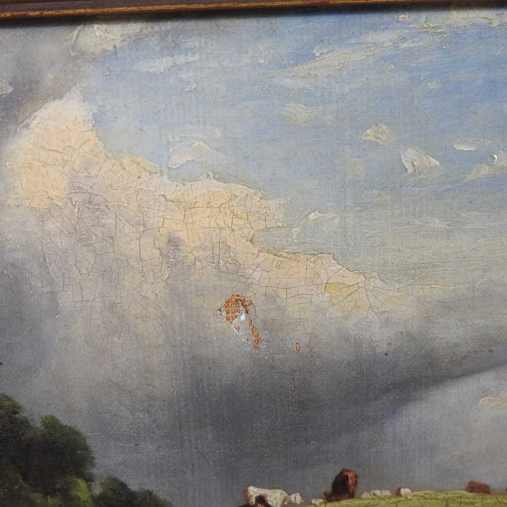 English school, 19th century, landscape with cattle, oil on canvas, 19 x 29cm Has a hole in the - Image 4 of 7