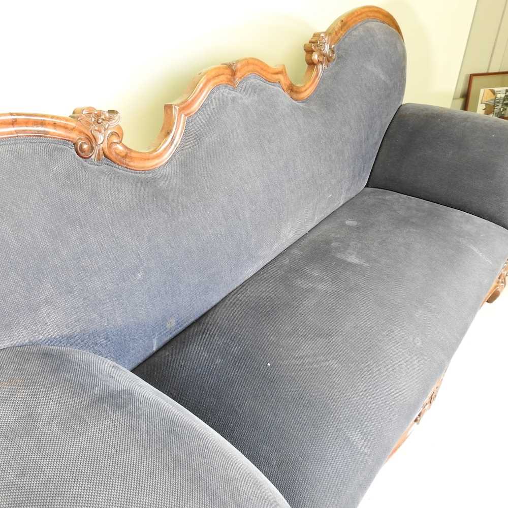 A large 19th century continental blue upholstered show frame sofa 228w x 79d x 106h cm - Image 4 of 7