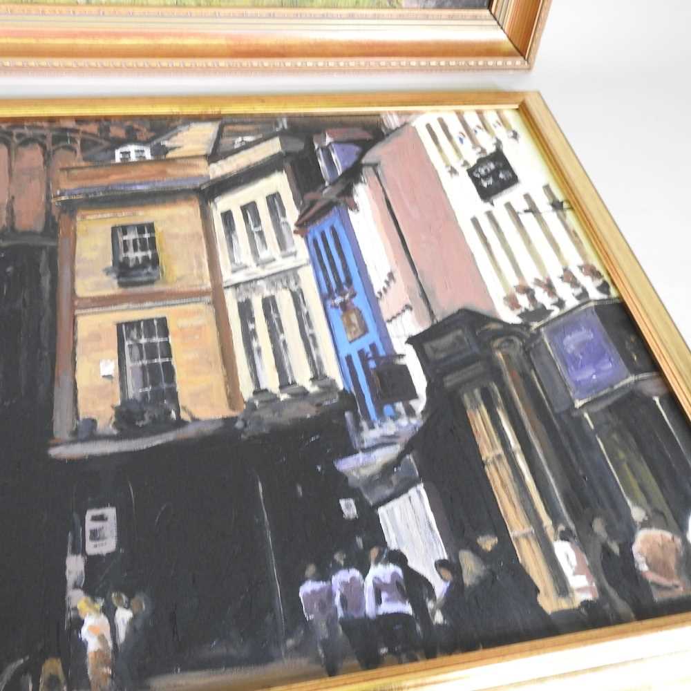 S Lynch, 20th century, Cirencester street scene, signed oil on canvas, bearing a label for The Croft - Image 6 of 8