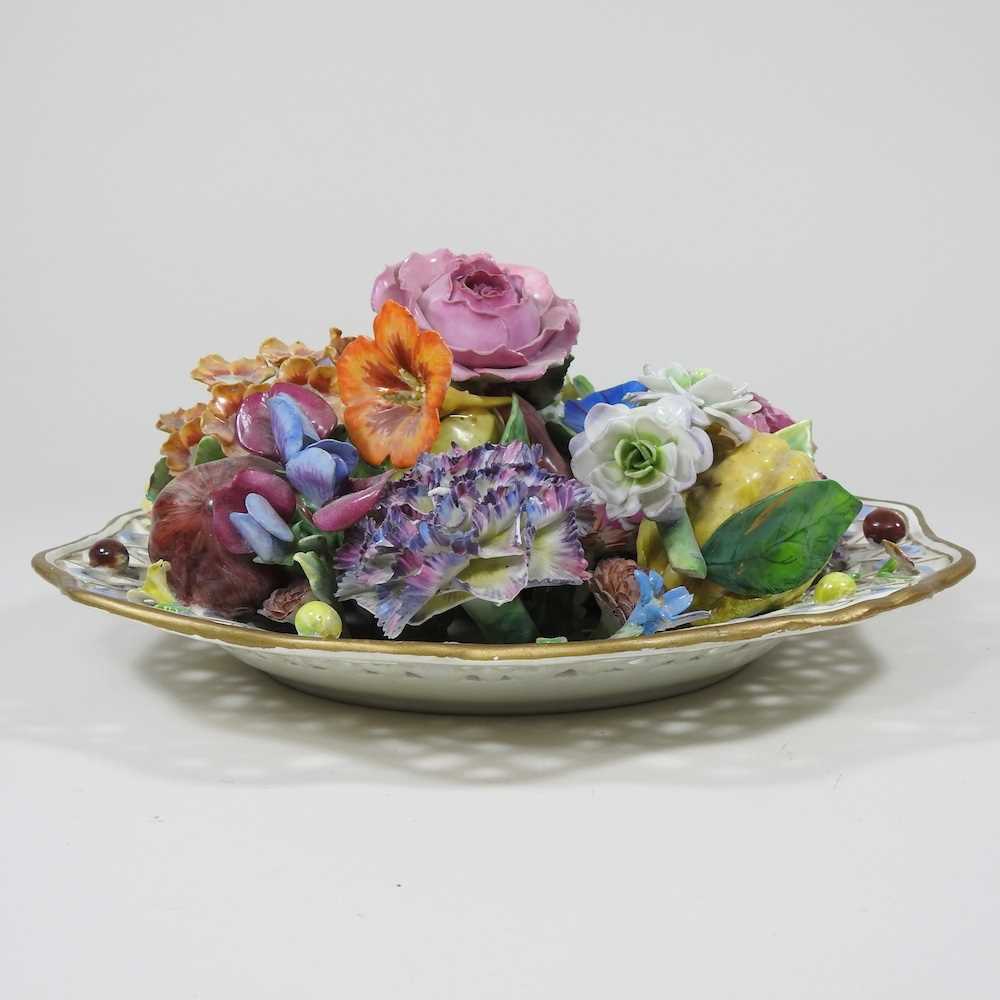 A 19th century Meissen porcelain trompe l'oeil plate, decorated with coloured flowers, within a - Image 3 of 9