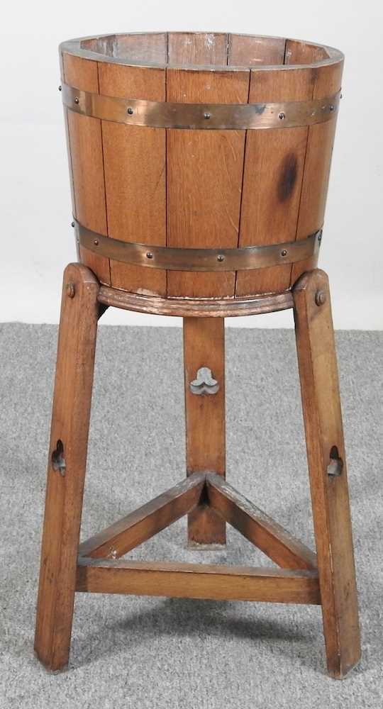 An Arts and Crafts coopered light oak jardiniere, on stand 32w x 74h cm - Image 3 of 4