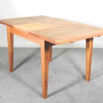 A modern light oak draw leaf dining table 148w x 86d x 77h cm Overall complete and usable but dirty,