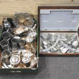 A collection of silver plated items, pewter and a canteen of cutlery