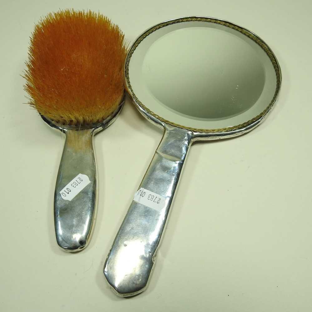 An Edwardian silver hand mirror, 28cm long and brush, 24cm long, each inset with a Ruskin style - Image 13 of 14