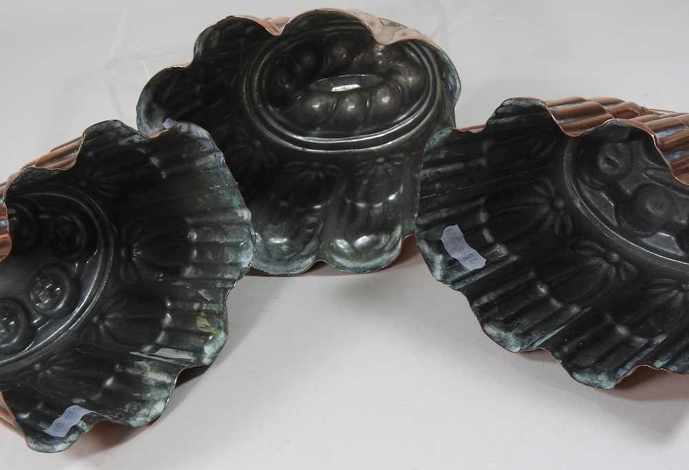 A Victorian copper jelly mould, stamped H. L. & Co, 12cm high, together with another similar and a - Image 6 of 8