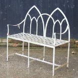 A grey painted metal gothic style garden bench 106w x 44d x 100cm