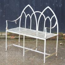 A grey painted metal gothic style garden bench 106w x 44d x 100cm