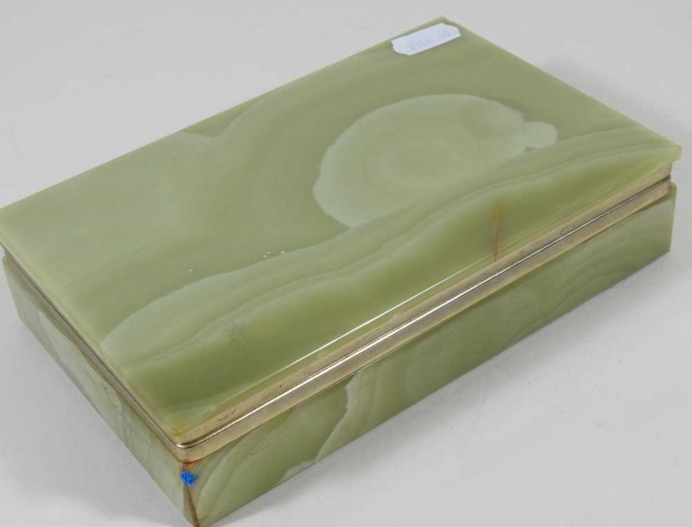 A green onyx cigar box, 18cm wide, containing cigars, a cigar cutter and a Dupont gold plated - Image 3 of 3