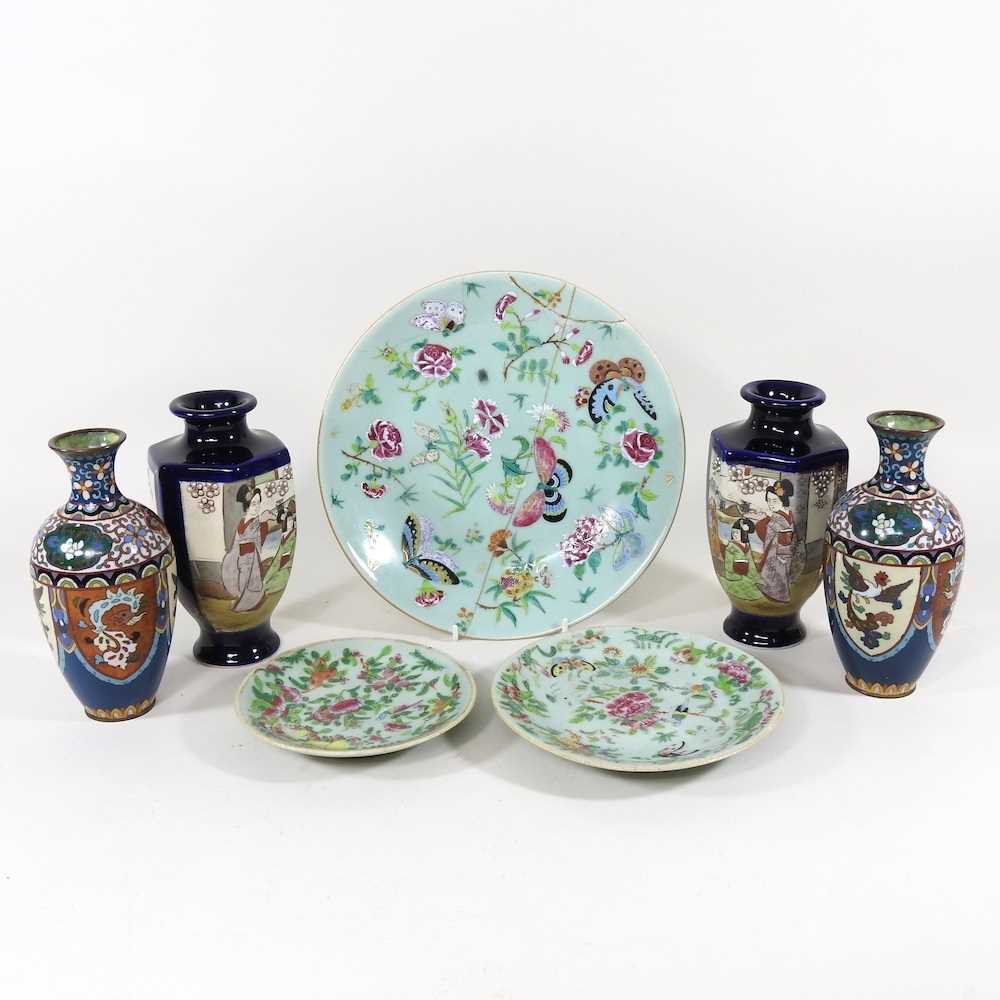 A collection of 19th century Chinese Canton porcelain plates, cloisonne and oriental vases