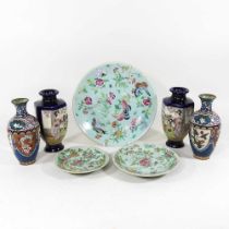 A collection of 19th century Chinese Canton porcelain plates, cloisonne and oriental vases