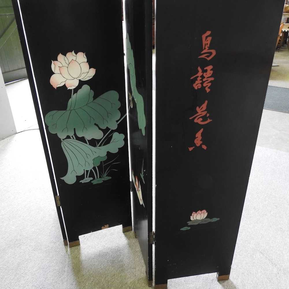 A Japanese black lacquered four-fold dressing screen, decorated with birds 160w x 183h cm - Image 2 of 4