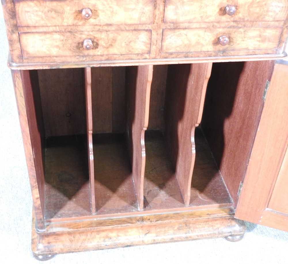 A good Victorian burr walnut mirror back music cabinet, with a fret carved gallery, above four short - Image 6 of 6