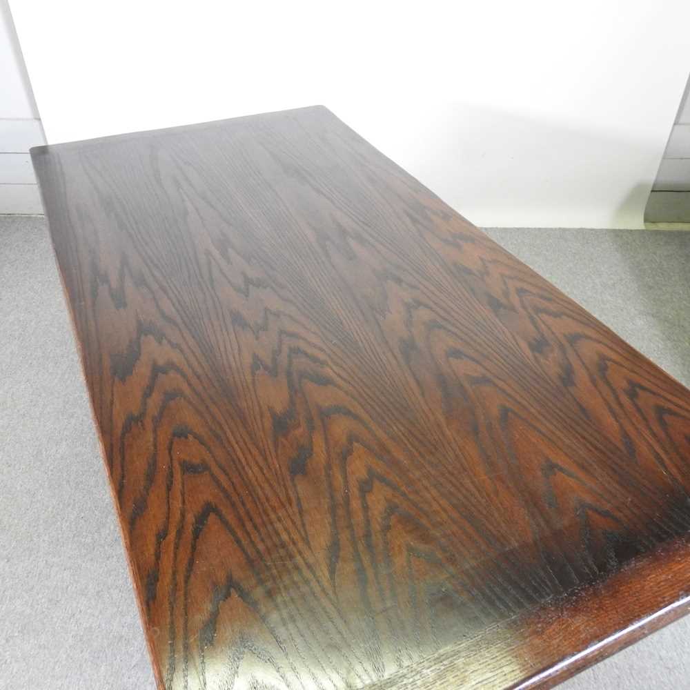 A mid 20th century oak draw leaf dining table, on cup and cover legs 275w x 92d x 76h cm - Image 3 of 5