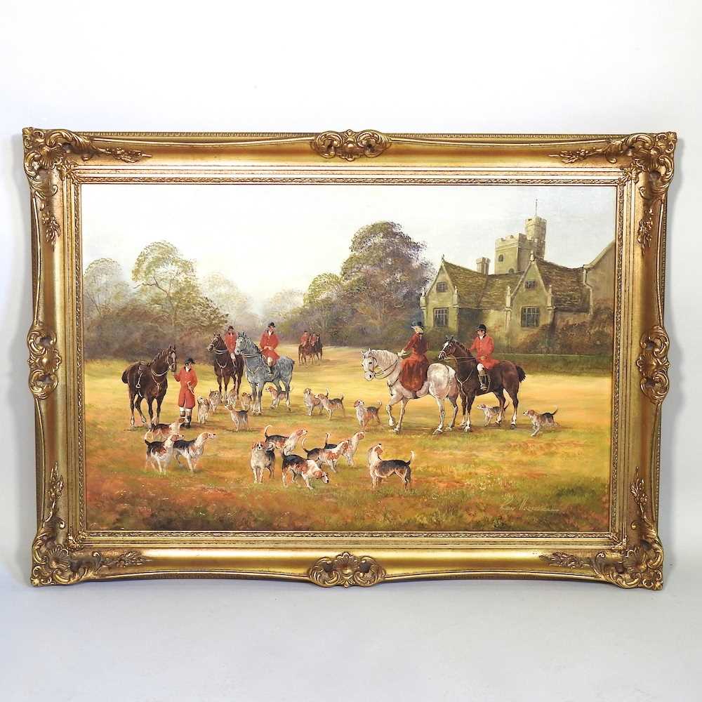 Ronald Horsewell, b1934, the hunt by a church, signed oil on canvas, 49 x 74cm