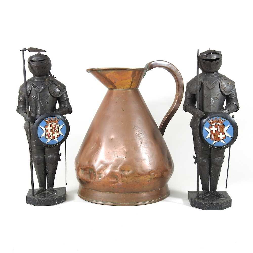 A pair of Maltese models of suits of armour, 38cm high, together with a Victorian copper measure (
