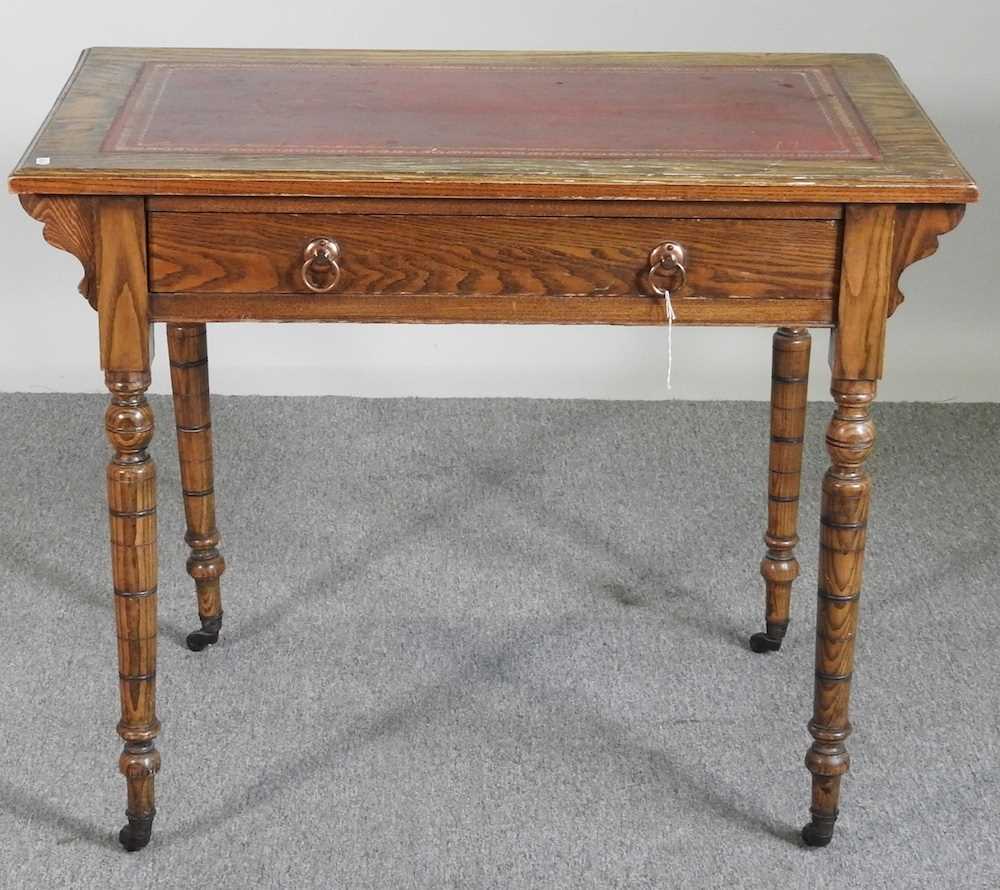 A late 19th century oak writing table, with an inset top, by Waring & Gillows 92w x 58d x 74h cm - Image 3 of 7