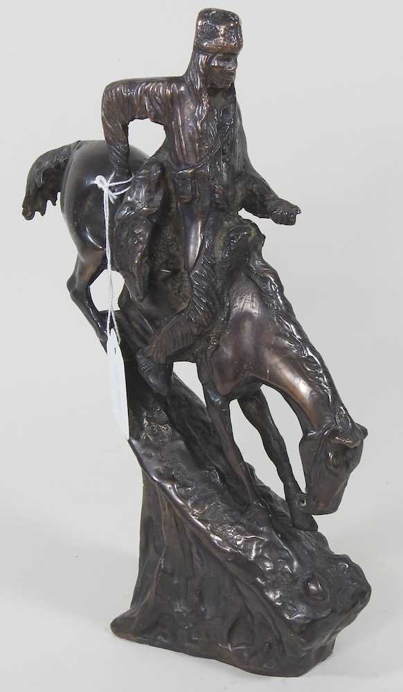 After Frederik Remington, 1861-1909, Mountain Man, patinated bronze figure, signed, 29cm high - Image 5 of 6