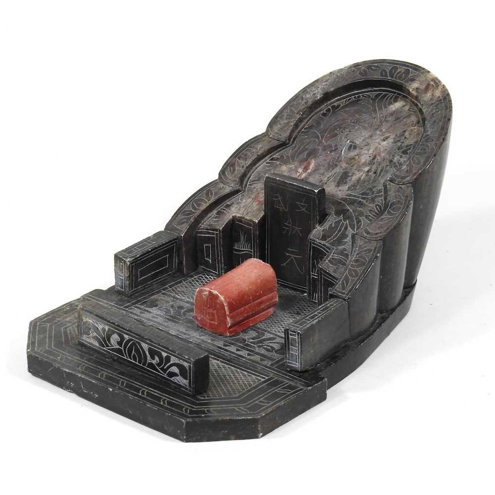 An early 20th century Chinese carved soapstone miniature model of a mausoleum, 18cm long