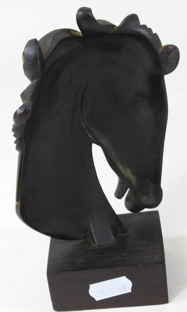 After Laslo Hoenig, 1905-1971, a bronze sculture of a horses head, on a wooden plinth base, 17cm - Image 4 of 4
