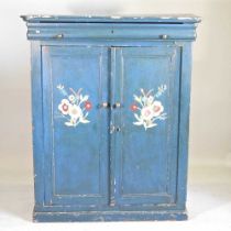 A large early 20th century French polychrome painted side cabinet, decorated with flowers 121w x 50d