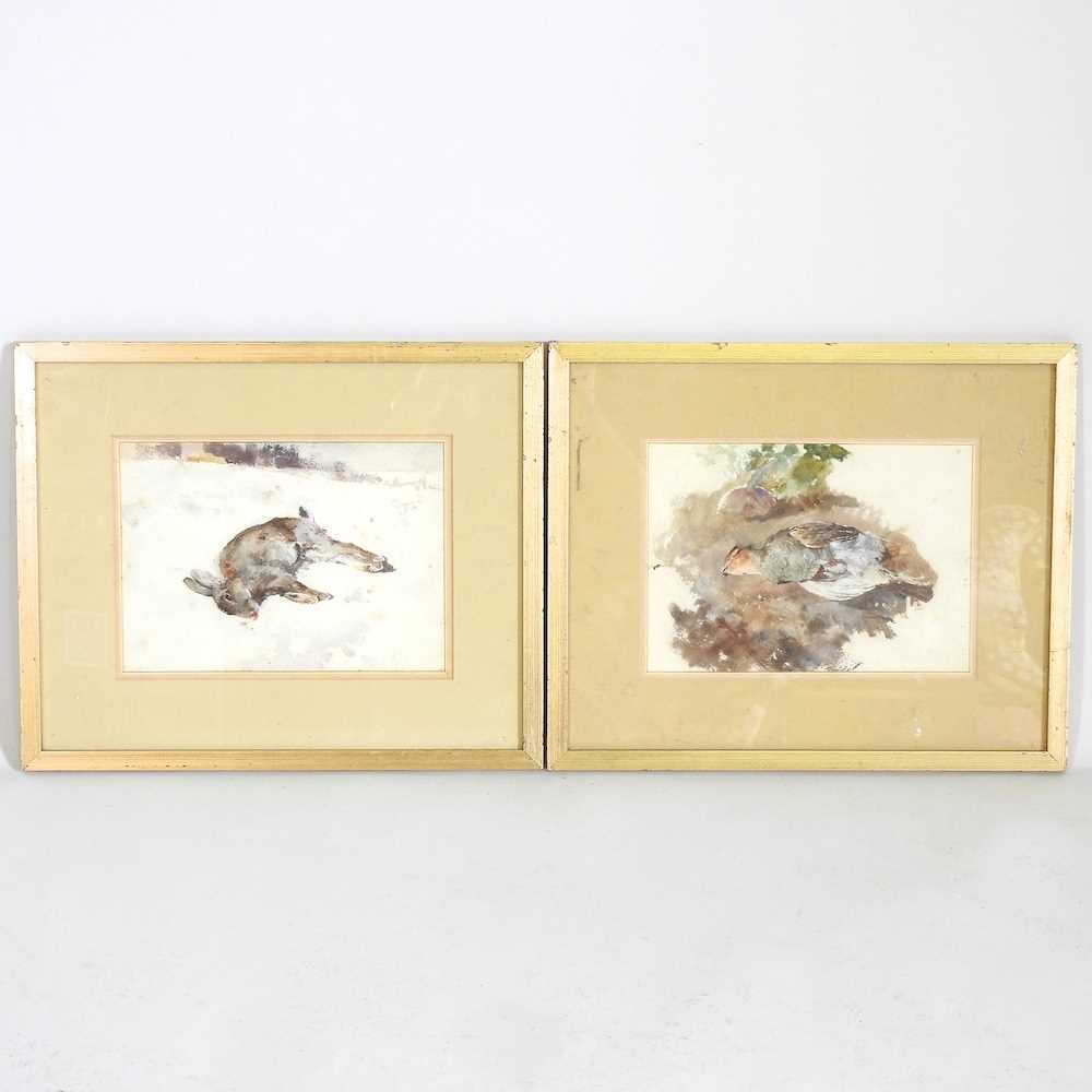 Attributed to Whiteley, 19th century, dead game, a hare and a partridge, pair of watercolours, 24
