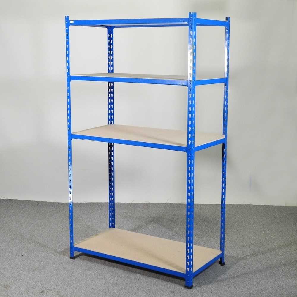 A metal shelving unit, with chipboard shelves 93w x 62d x 158h cm