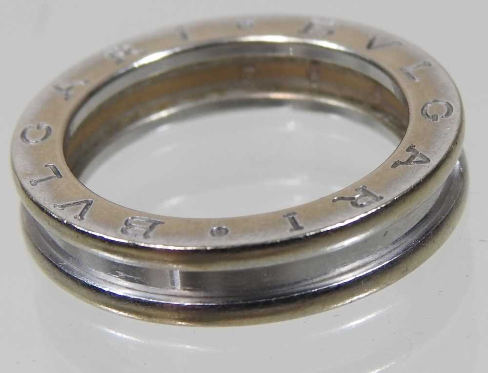 A Bulgari 18 carat white gold ring, of plain ribbed design, inscribed to one side, 5.8g, size P, - Image 5 of 5