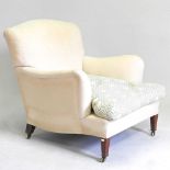 An early 20th century upholstered armchair, by Howard & Sons Ltd, stamped 5678 to the inside back