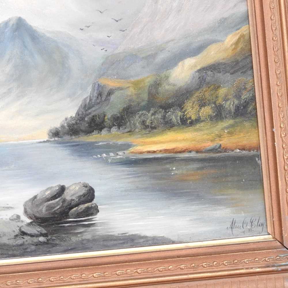 Alice O Clay, 19th century, mountain river landscape, signed and dated 1888, oil on canvas laid on - Image 4 of 5