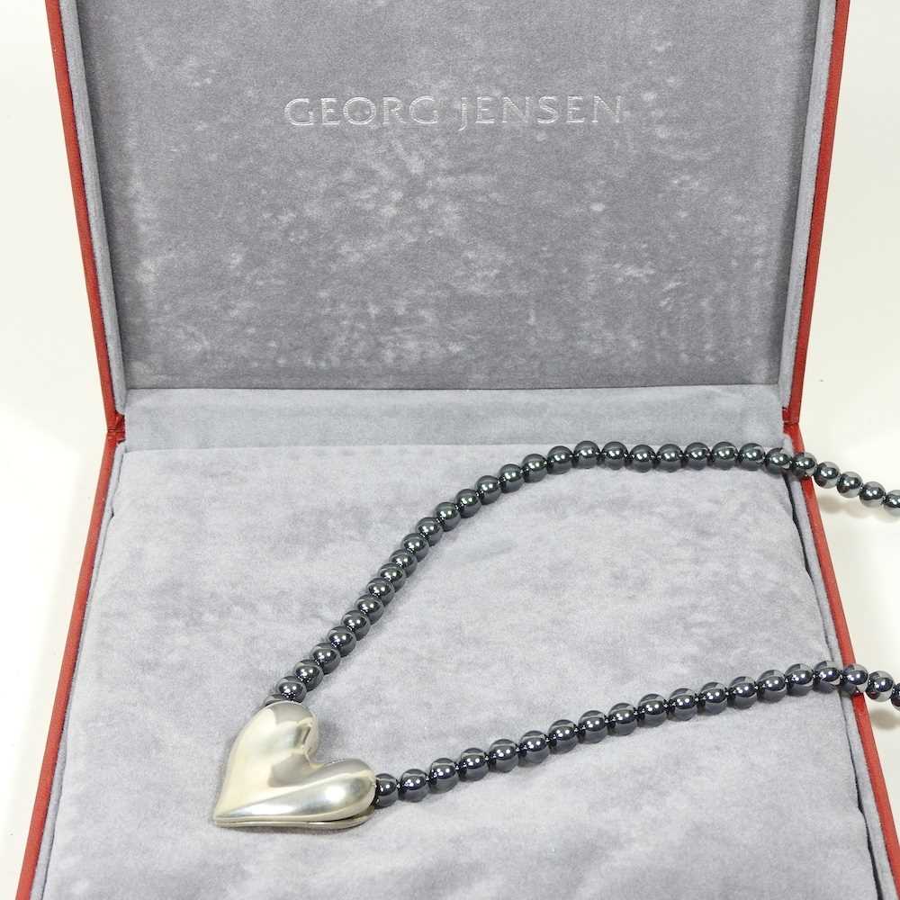A Georg Jensen silver and hematite bead necklace, suspended with a silver heart shaped pendant, 38mm - Image 3 of 5