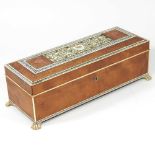 A 19th century Indian vizagapatum sandalwood glove box, on paw feet, 28cm wide. Note: a non-