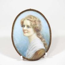 English school, 19th century, a portrait miniature of a young lady, watercolour, 12 x 9cm, framed