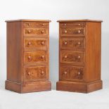A pair of hand made burr and featherbanded walnut bedside chests, each containing four drawers (2)