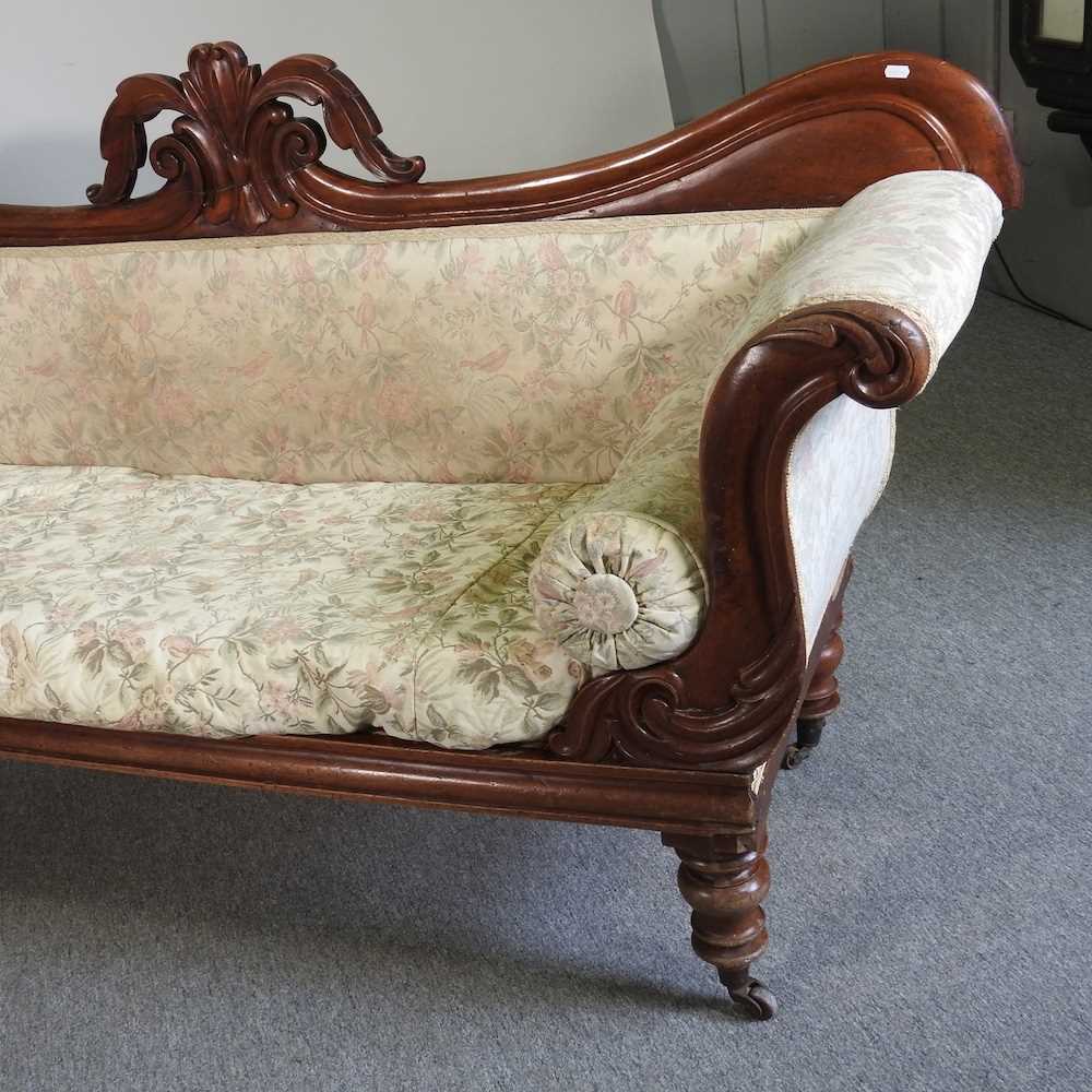 A 19th century carved mahogany double ended couch, upholstered in cream, on turned legs 210w x 56d x - Image 3 of 11
