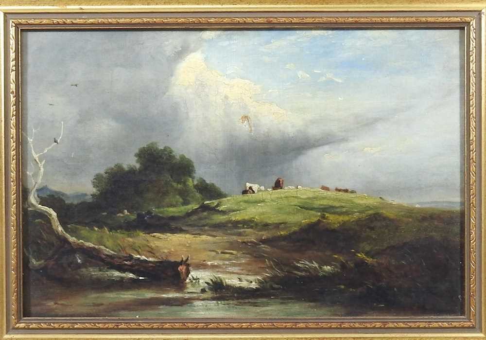 English school, 19th century, landscape with cattle, oil on canvas, 19 x 29cm Has a hole in the - Image 3 of 7