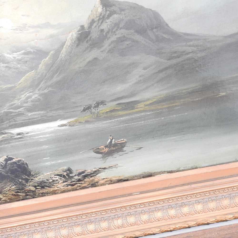 G Lesly, 19th century, moonlight mountain landscape with rowing boat, signed oil on canvas, 39 x - Image 3 of 7