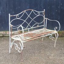 A grey painted metal folding garden bench 107w x 48d x 97h cm