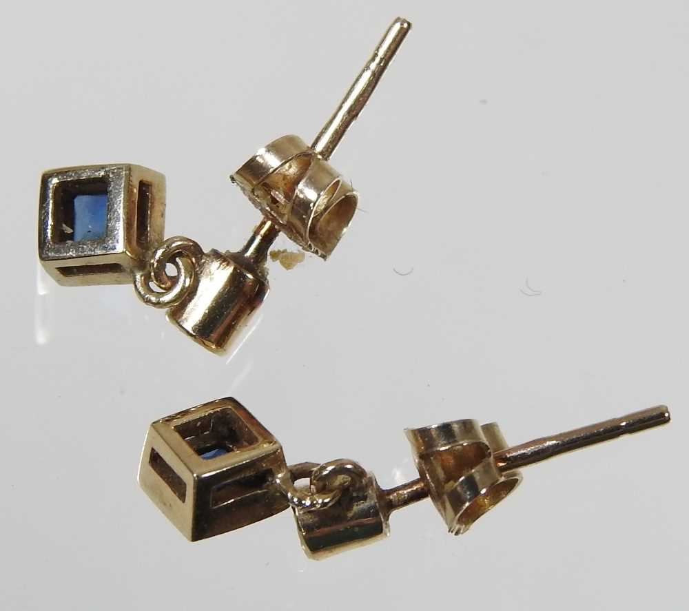 A pair of 9 carat diamond and sapphire pendant earrings, 1.2g, 11mm drop - Image 2 of 5