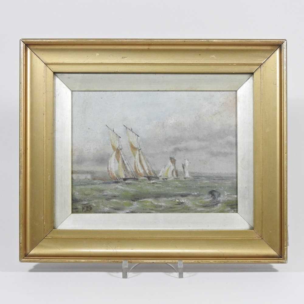 English school, 19th century, sailing boats, signed with initials FED, oil on canvas, 14 x 19cm
