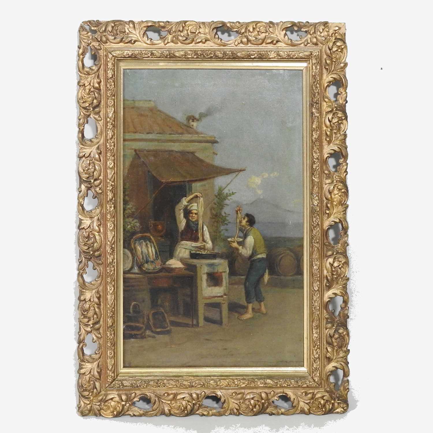 Neapolitan school, 19th century, The Spaghetti Seller, with view of Naples in the distance, oil on