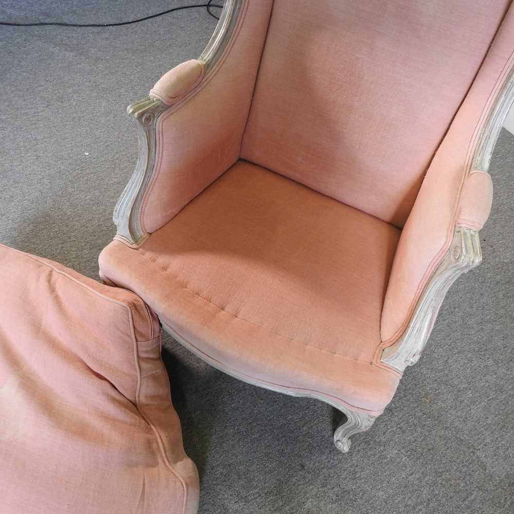 A Louis XVI style white painted and pink upholstered bergere armchair, on cabriole legs - Image 2 of 5